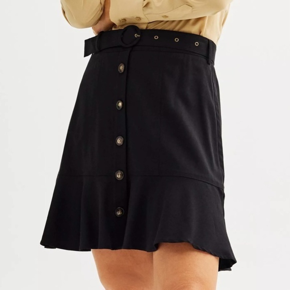 Nine West Skirt Black Button Front Flounce Hem Mini XS Preppy Belted Work Party